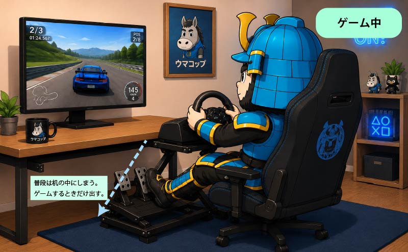 ハンコンスタンドを使ったPCデスクの共存