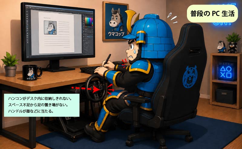 ハンコンスタンドをPCデスクに収納した状態